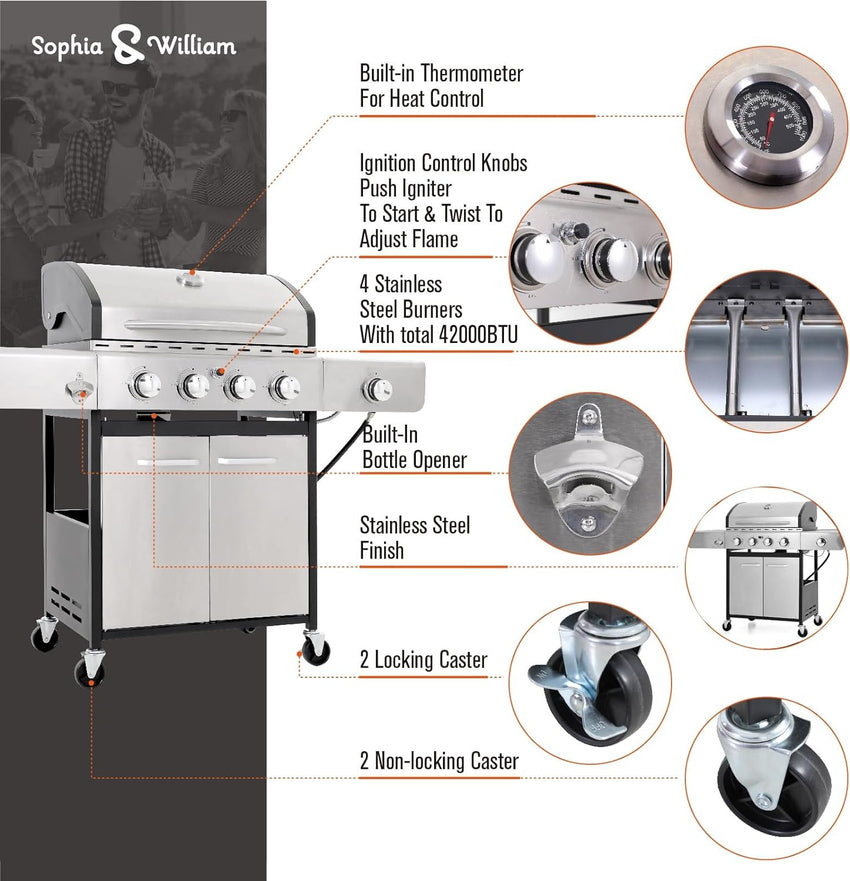 Burner Gas grill with side burner and enameled cast iron grille 42.000BTU outdoor cooking stainless steel propane grill Garden grill. silver