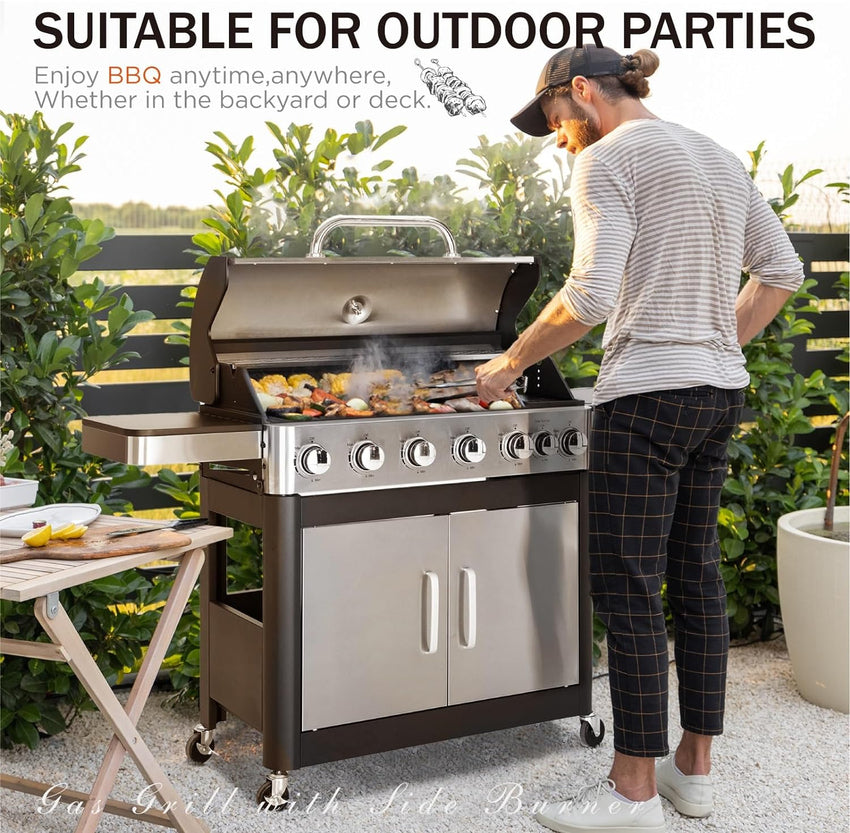 Burner Gas grill with side burner and enameled cast iron grille 42.000BTU outdoor cooking stainless steel propane grill Garden grill. silver
