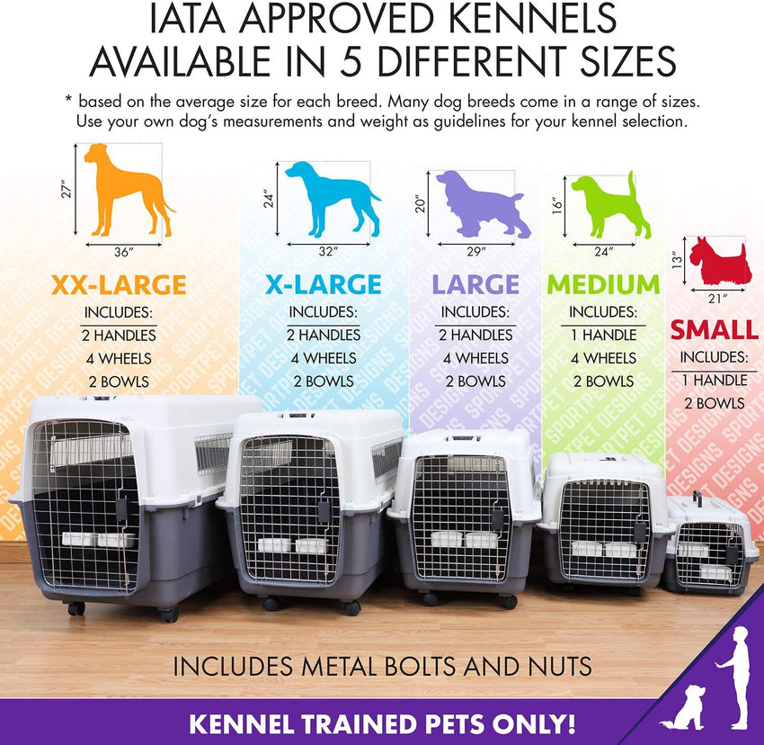 SportPet Designs Plastic Kennels Rolling Plastic Airline Approved Wire Door Travel Dog Crate. XXX-Large. Gray