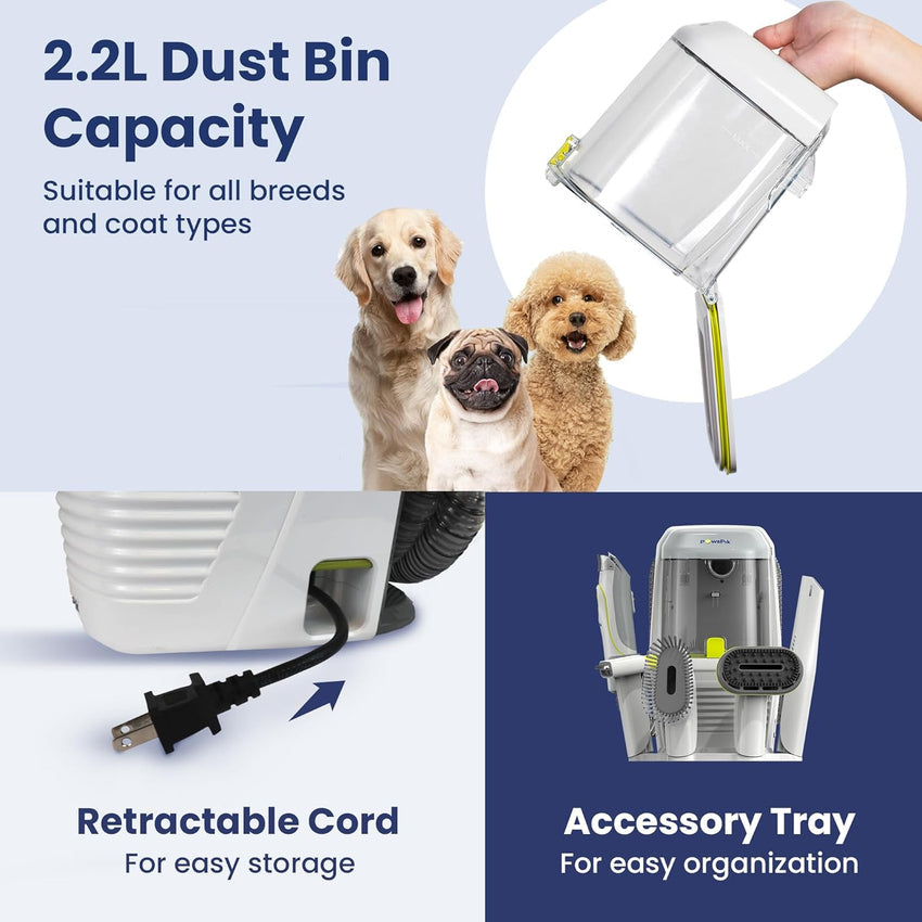 Professional Pet Grooming Vacuum Kit. Dogs & Cats. Direct Handheld Control. 7 Grooming Tools. 6 Suction Levels. Large 2.2L Dust Bin. UL. HEPA Filter