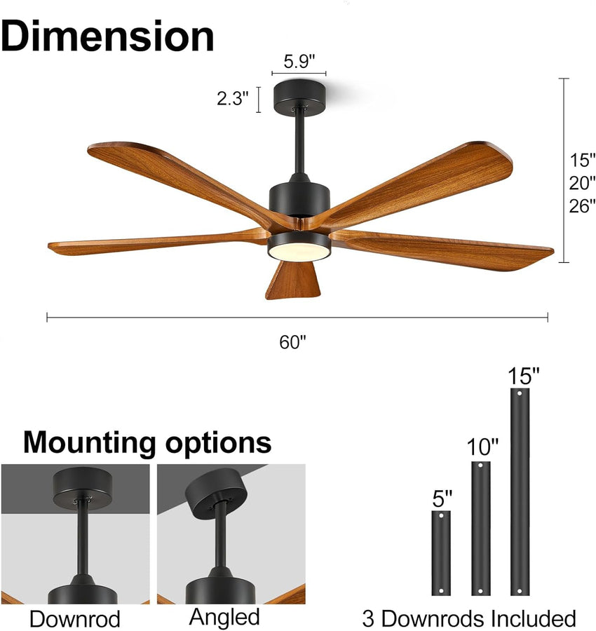 Ceiling Fans with Lights. 60 inch Outdoor Ceiling Fans with Lights for Patio and Remote Control. Modern Ceiling Fan with Light. 5 Solid Wood Blades 6-Speed Reversible DC Motor (Dark Brown)