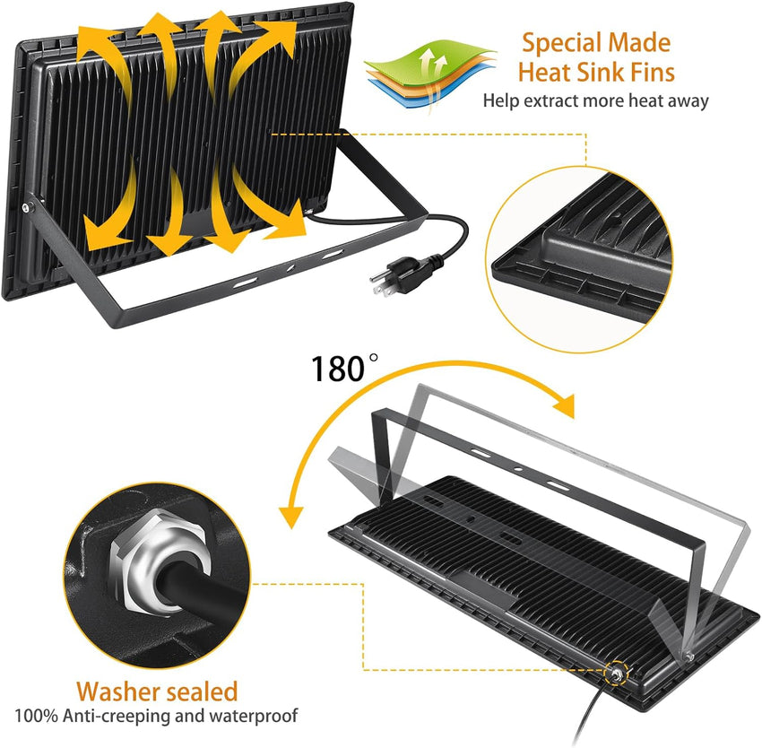 3 Pack 200W LED Flood Light.Super Bright Exterior Security Lights With Plug.IP66 Waterproof Outdoor Flood Light. 22800lm 5000K Daylight White Floodlight for Yard. Garden.Basketball Court. Arena