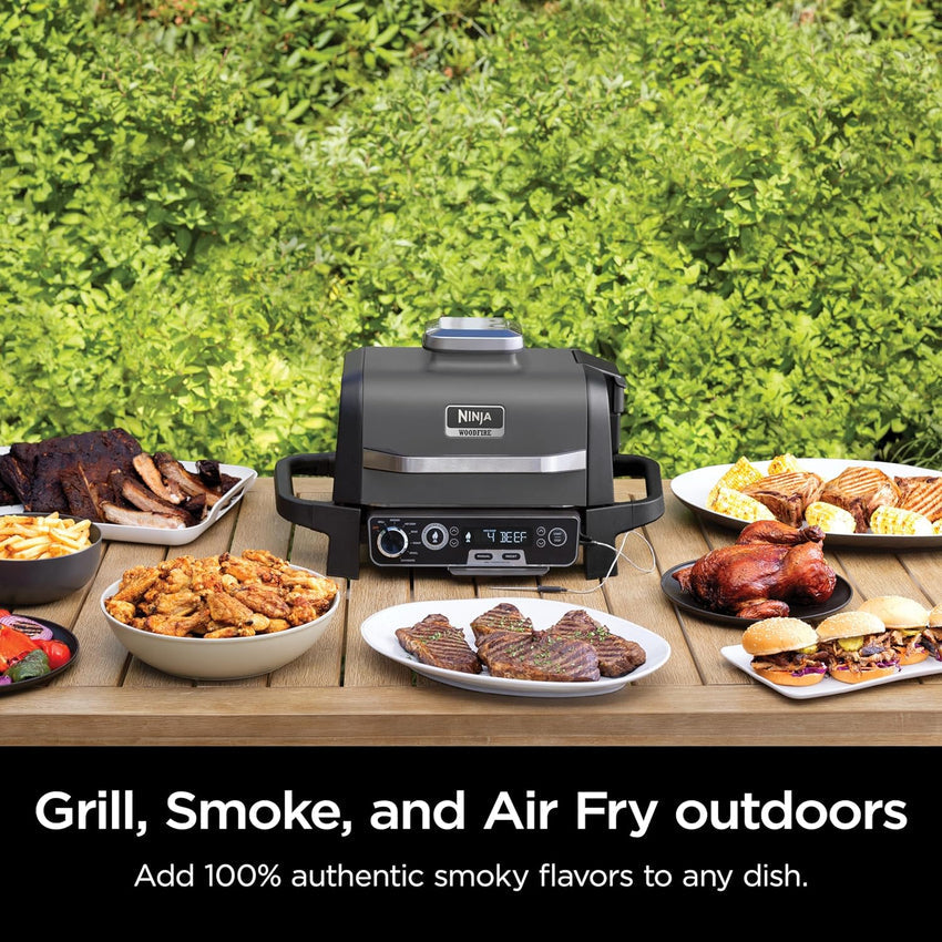 7-in-1 Grill & Smoker with Thermometer. Air Fryer. BBQ. Bake. Roast. Broil - Portable Electric Outdoor Grill. Grey