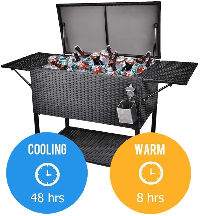 80 Quart Rattan Rolling Cooler Cart. Portable Wicker Cooler Trolley. Backyard Party Drink Beverage Bar