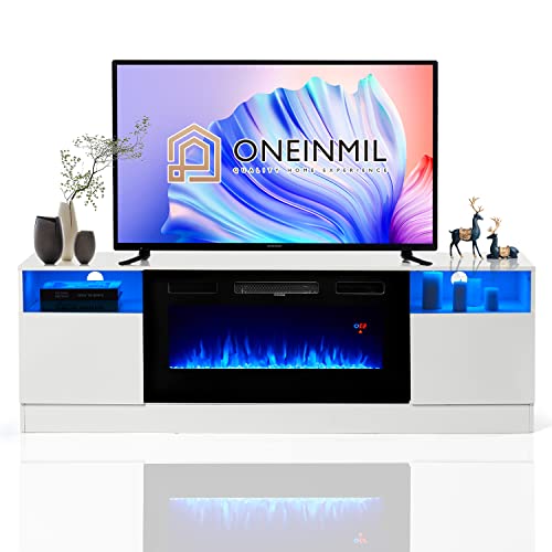 Oneinmil Fireplace TV Stand with 36 Electric Fireplace. LED Light Entertainment Center. Modern Wood. White