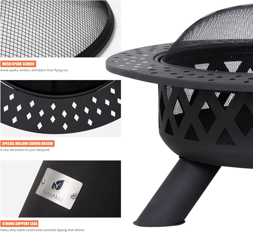 SUNCREAT 42 Patio Fire Pit Wood Burning with Mesh Spark Screen. Bonfire Outdoor firepit with Fireplace Poker. Black