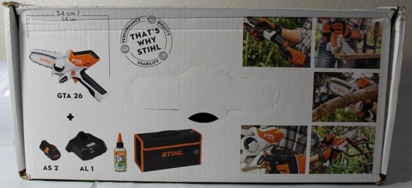 STIHL GTA 26 PRUNER CHAINSAW W CARRYING CASE. BATTERY AND CHARGER.