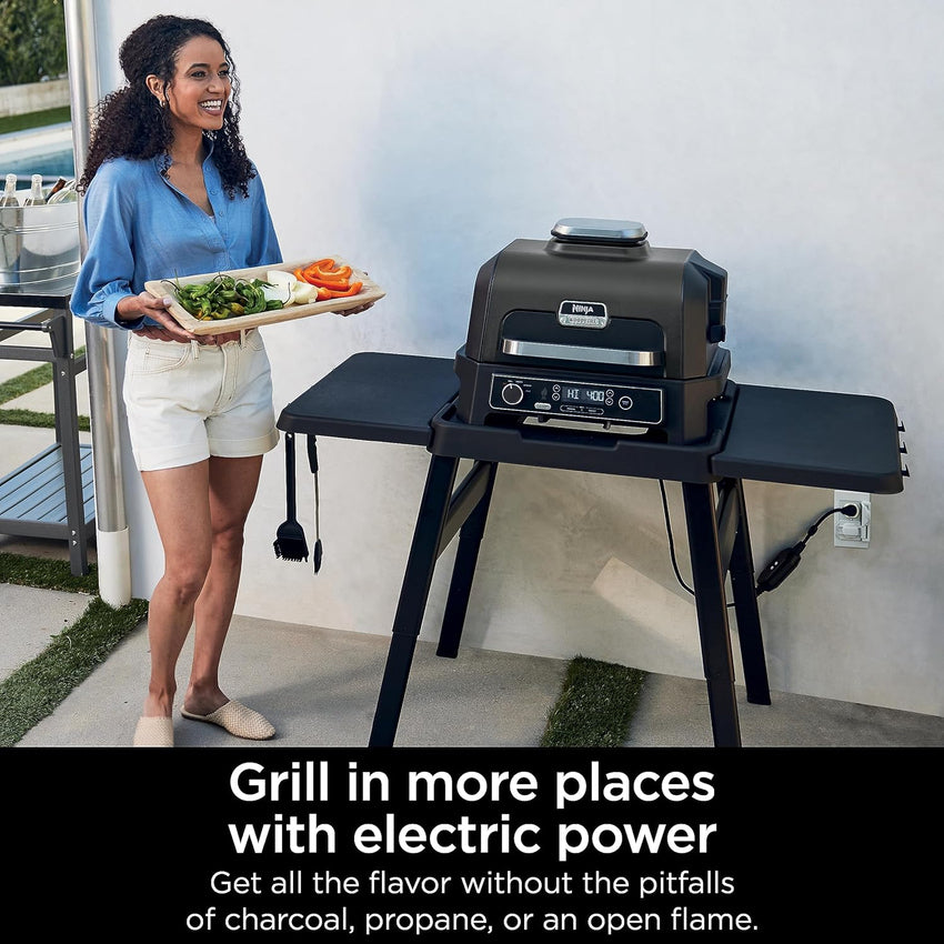 7-in-1 Grill & Smoker with Thermometer. Air Fryer. BBQ. Bake. Roast. Broil - Portable Electric Outdoor Grill. Grey