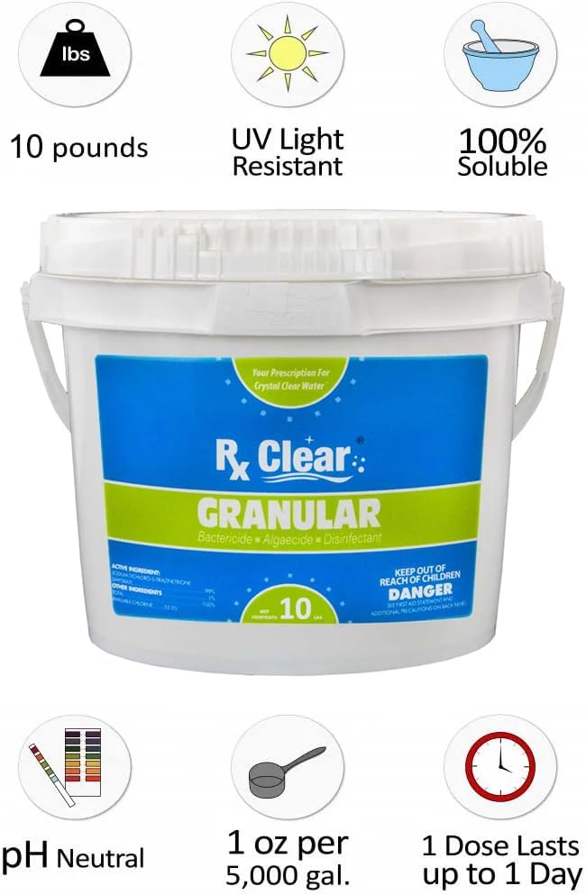 Clear Stabilized Granular Chlorine | One 50-Pound Bucket | Use As Bactericide. Algaecide. and Disinfectant in Swimming Pools and Spas | Fast Dissolving and UV Protected