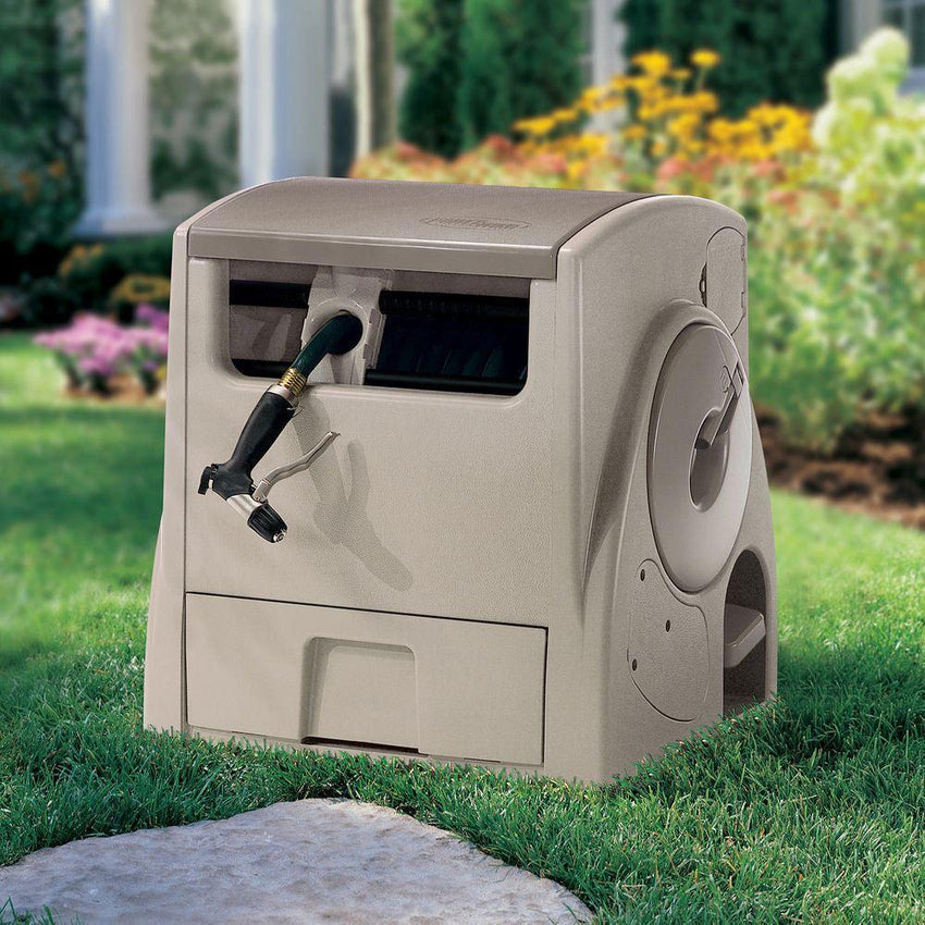 Suncast 100 ft. Powerwind Auto Power Rewind Hose Reel. Light Taupe