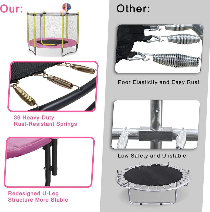 60 Kids Trampoline with Safety Enclosure Net. 5FT Toddler Indoor & Outdoor Trampoline/w Basketball Hoop - Parent-Child Interactive Game Fitness Trampoline Toy Gift for Boys and Girls Age 1-8