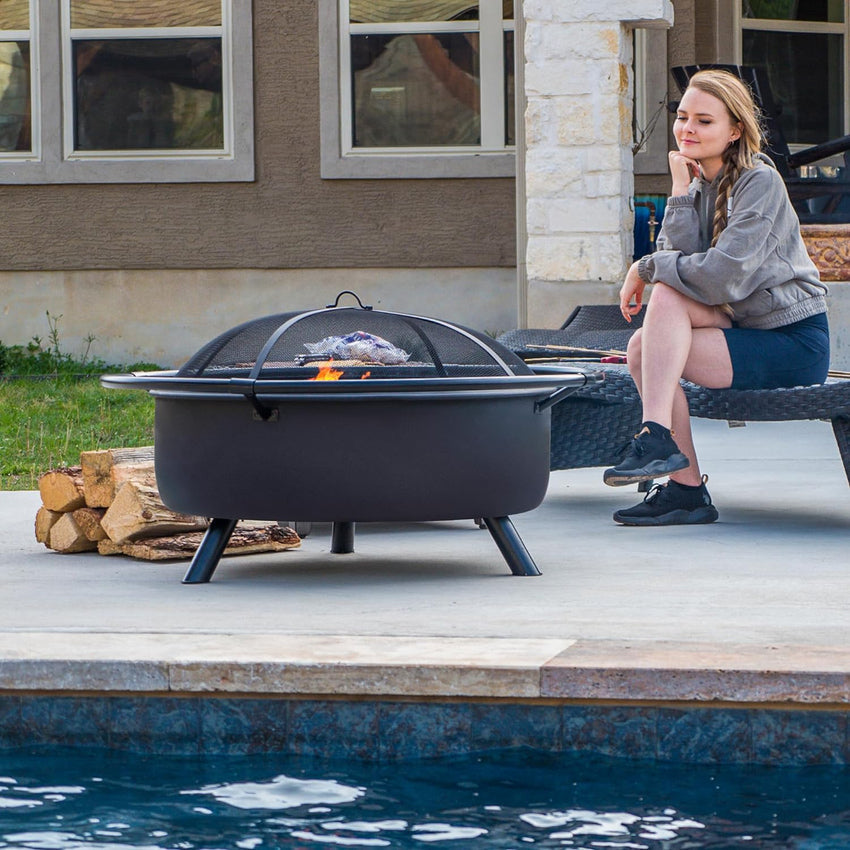 SUNCREAT 42 Patio Fire Pit Wood Burning with Mesh Spark Screen. Bonfire Outdoor firepit with Fireplace Poker. Black