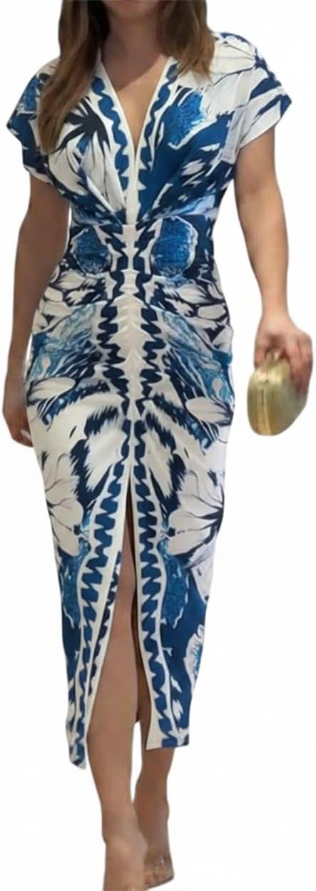 Summer Dresses for Women Floral Print Plunge V Neck