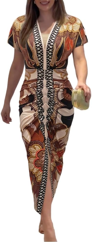 Summer Dresses for Women Floral Print Plunge V Neck