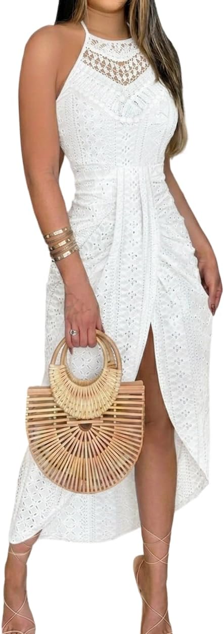 Womens Holiday Beach Dress Halter Hollow-Out A Line Dress