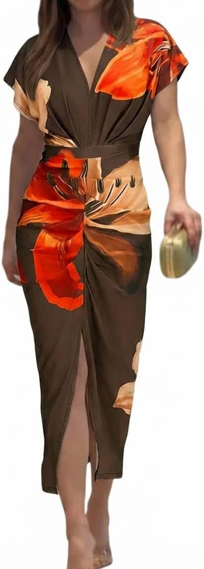 Summer Dresses for Women Floral Print Plunge V Neck