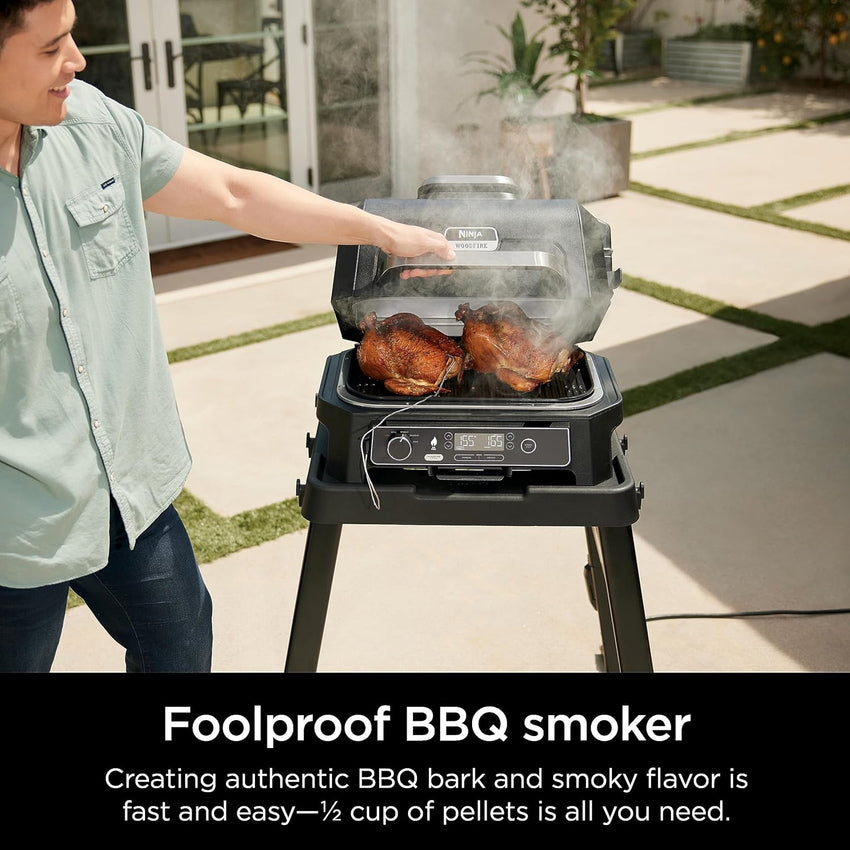 7-in-1 Grill & Smoker with Thermometer. Air Fryer. BBQ. Bake. Roast. Broil - Portable Electric Outdoor Grill. Grey