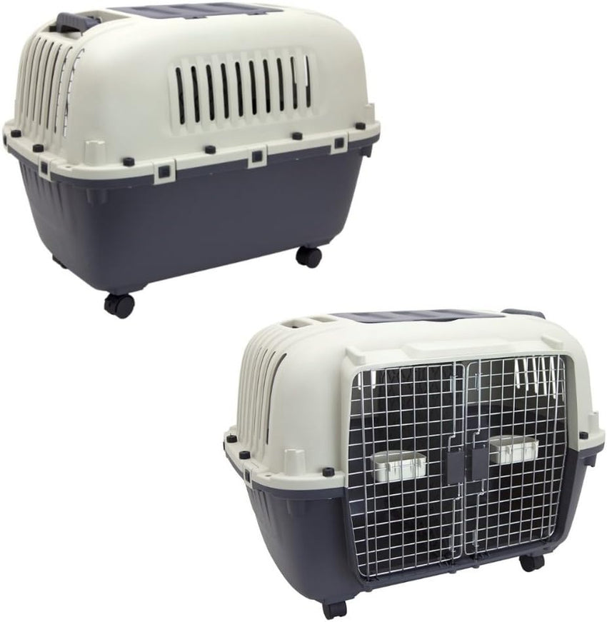 SportPet Designs Plastic Kennels Rolling Plastic Airline Approved Wire Door Travel Dog Crate. XXX-Large. Gray