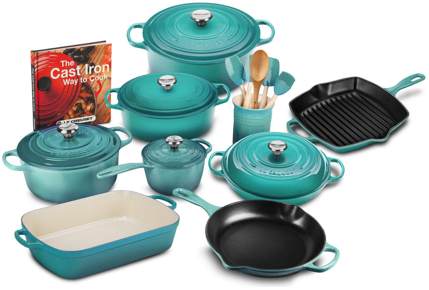 20-piece Signature Cast Iron Cookware Set.10.25′′ Skillet.1.75-quart Saucepan with Lid
