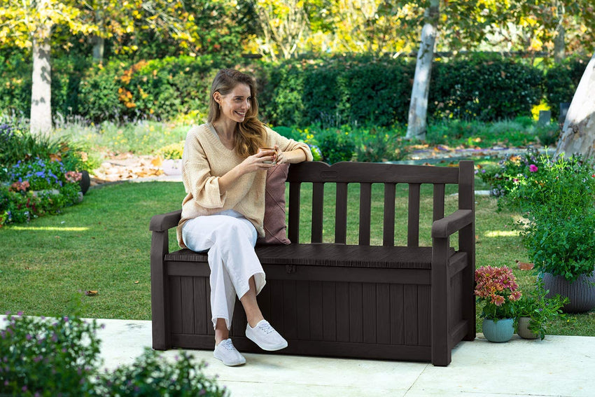 Keter Solana 70 Gallon Storage Bench Deck Box for Patio Furniture. Front Porch Decor and Outdoor Seating – Perfect to Store Garden Tools and Pool Toys. Brown