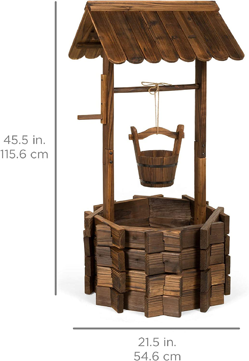 Best Choice Products Rustic Wooden Wishing Well Planter Outdoor Home Décor for Patio. Garden. Yard w/Hanging Bucket