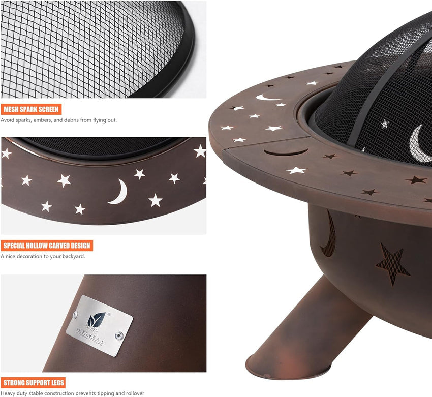 SUNCREAT 42 Patio Fire Pit Wood Burning with Mesh Spark Screen. Bonfire Outdoor firepit with Fireplace Poker. Black