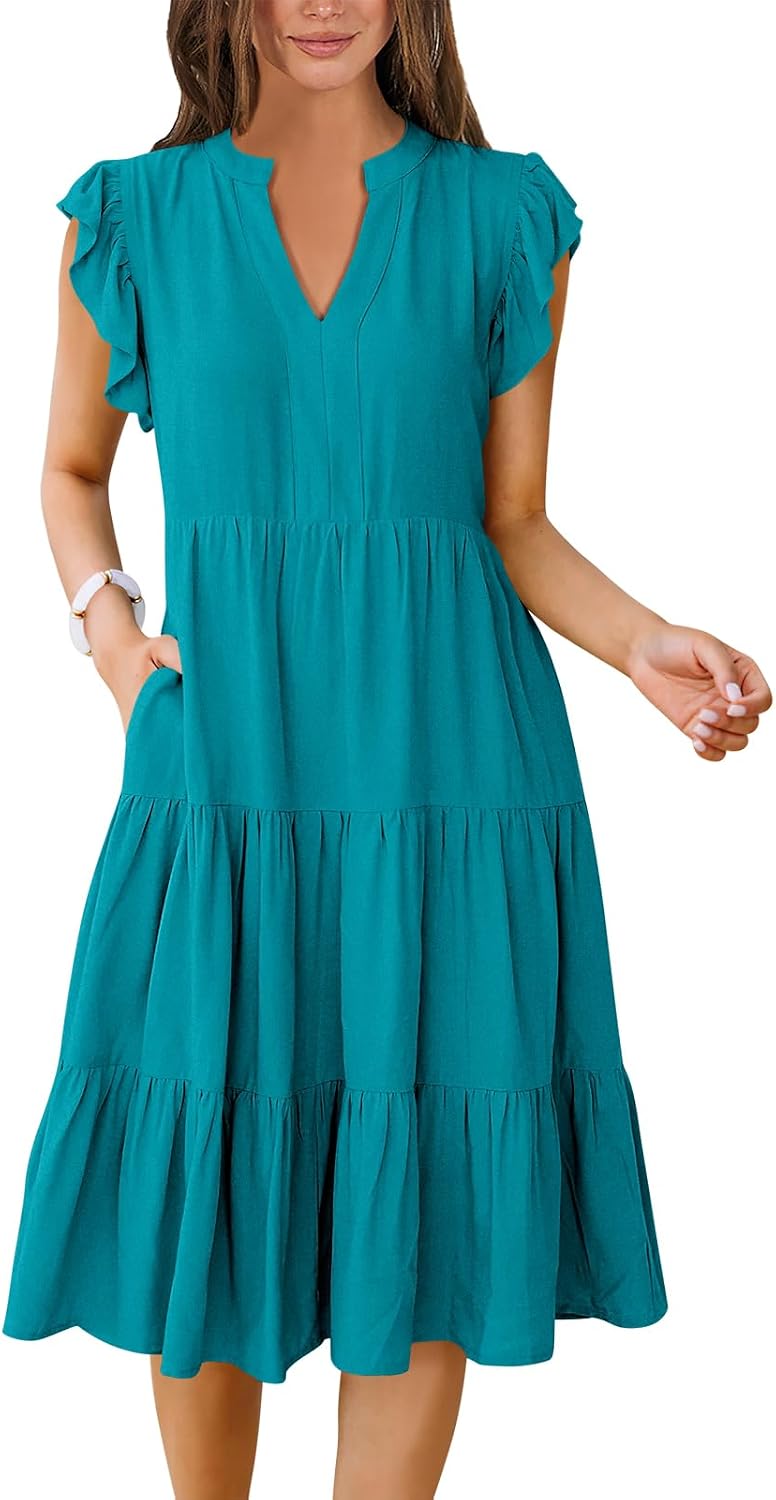 Womens Summer Dress Ruffle Sleeve V Neck