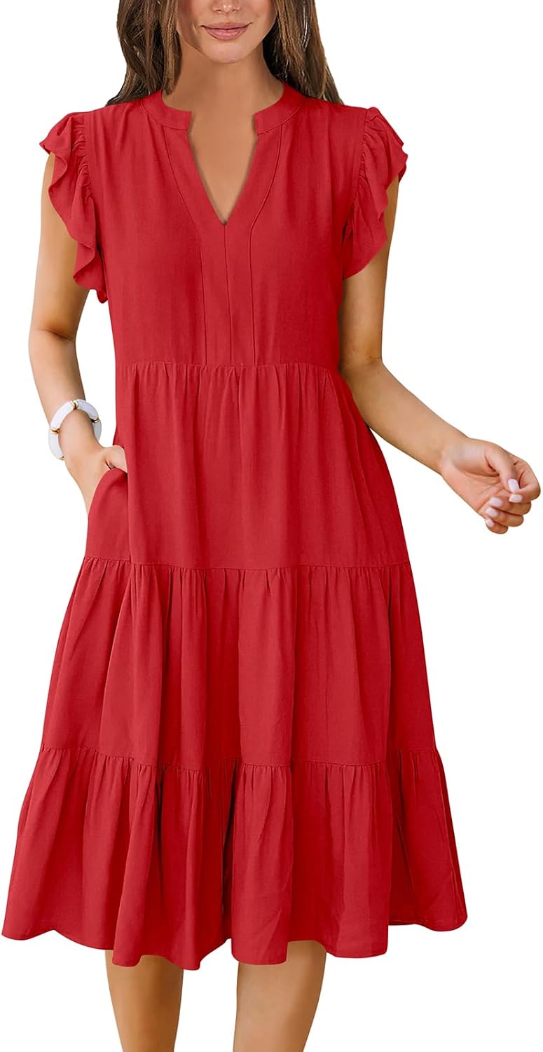 Womens Summer Dress Ruffle Sleeve V Neck