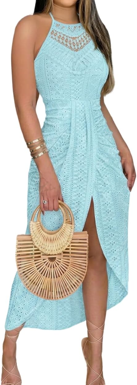 Womens Holiday Beach Dress Halter Hollow-Out A Line Dress