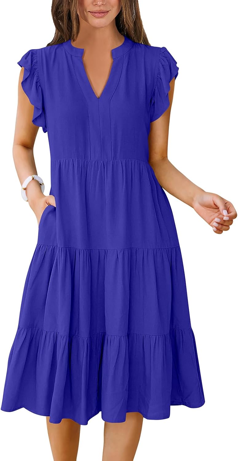 Womens Summer Dress Ruffle Sleeve V Neck