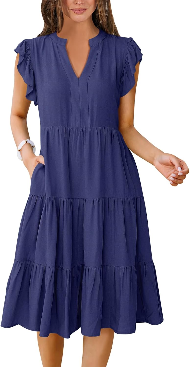 Womens Summer Dress Ruffle Sleeve V Neck