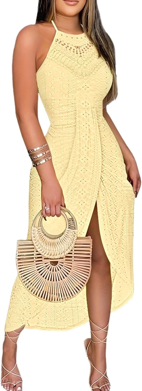 Womens Holiday Beach Dress Halter Hollow-Out A Line Dress