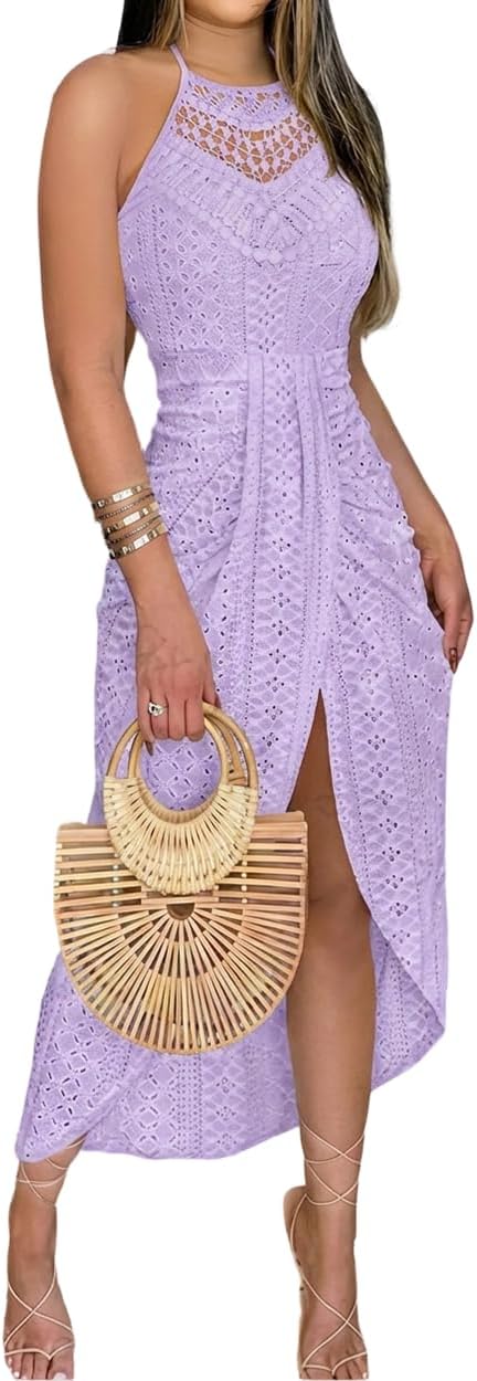 Womens Holiday Beach Dress Halter Hollow-Out A Line Dress