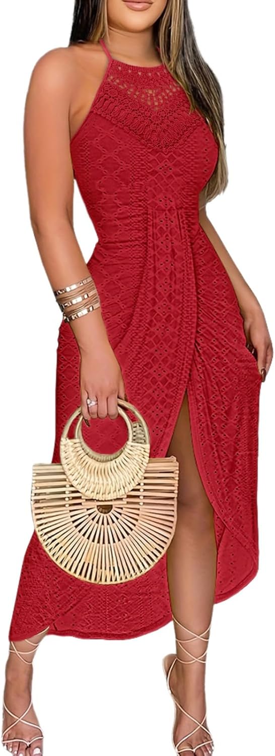 Womens Holiday Beach Dress Halter Hollow-Out A Line Dress