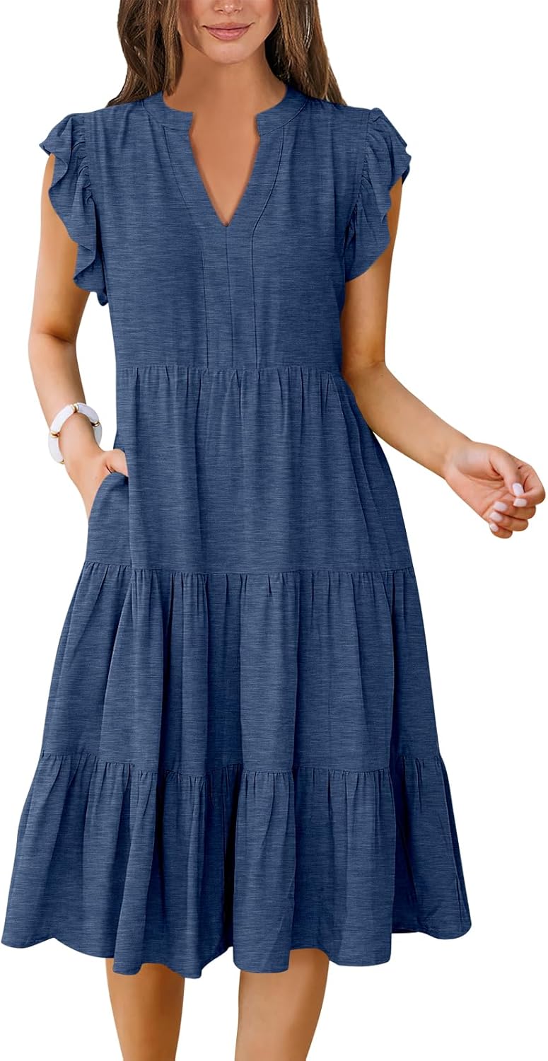Womens Summer Dress Ruffle Sleeve V Neck