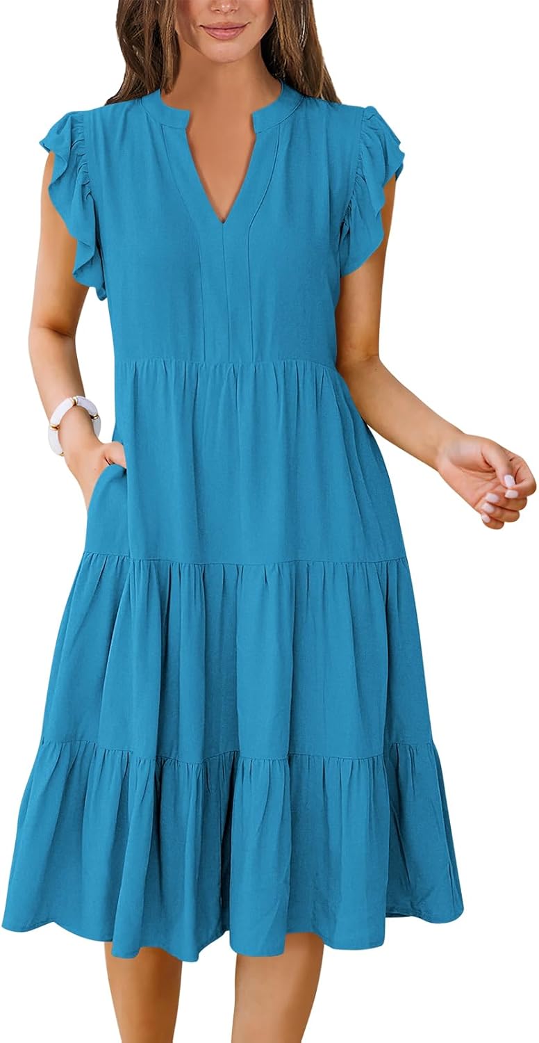 Womens Summer Dress Ruffle Sleeve V Neck