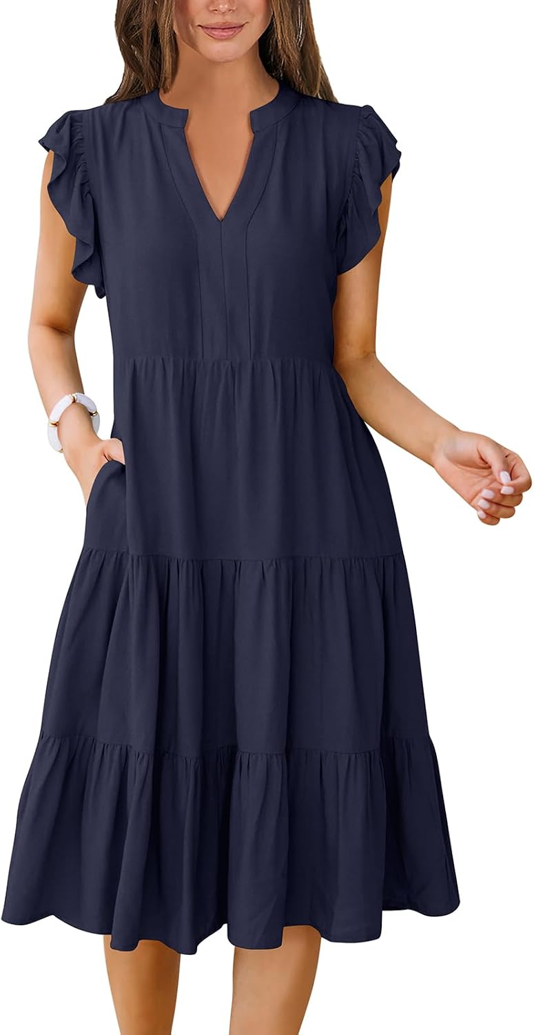 Womens Summer Dress Ruffle Sleeve V Neck