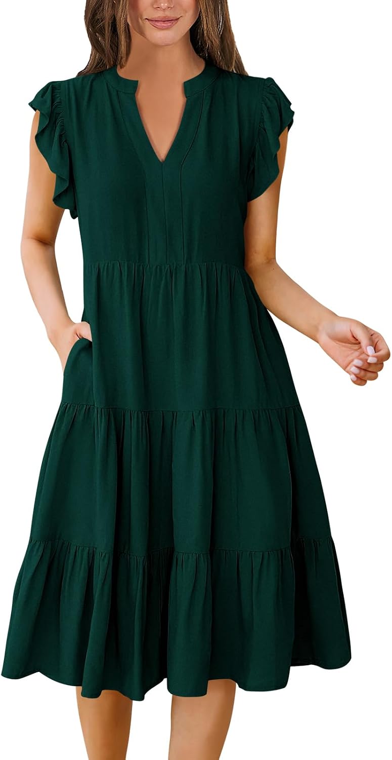 Womens Summer Dress Ruffle Sleeve V Neck