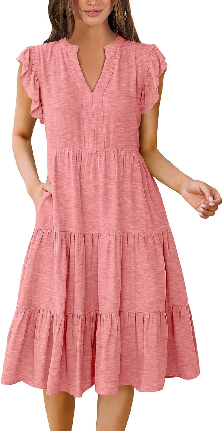 Womens Summer Dress Ruffle Sleeve V Neck