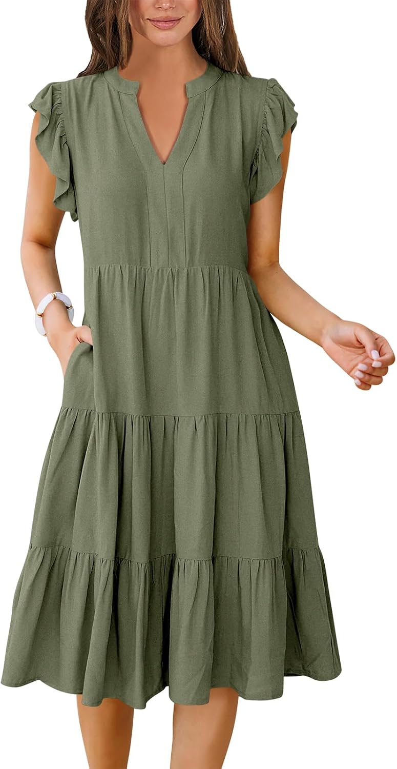 Womens Summer Dress Ruffle Sleeve V Neck