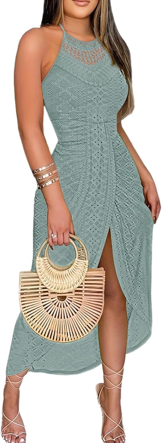 Womens Holiday Beach Dress Halter Hollow-Out A Line Dress