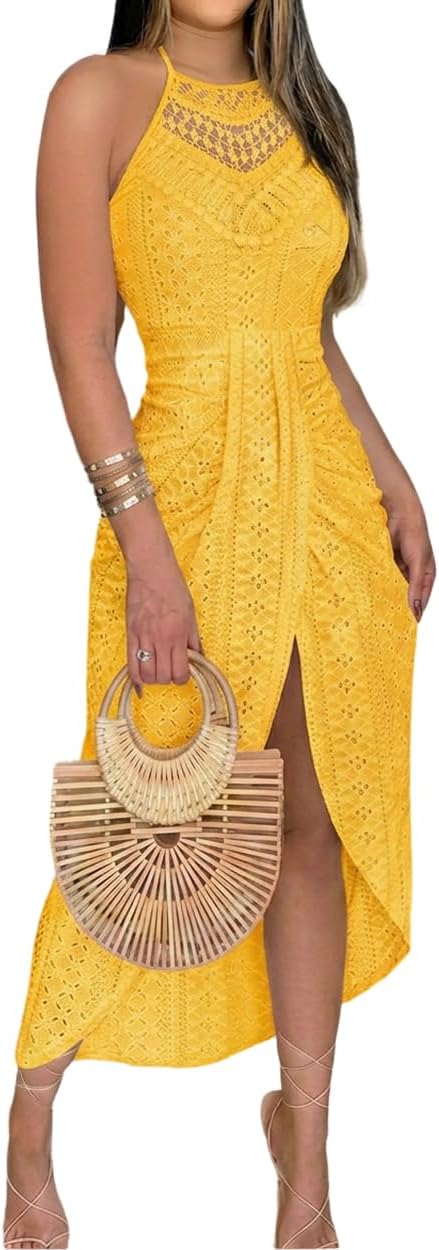 Womens Holiday Beach Dress Halter Hollow-Out A Line Dress