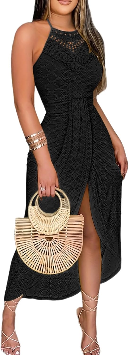 Womens Holiday Beach Dress Halter Hollow-Out A Line Dress