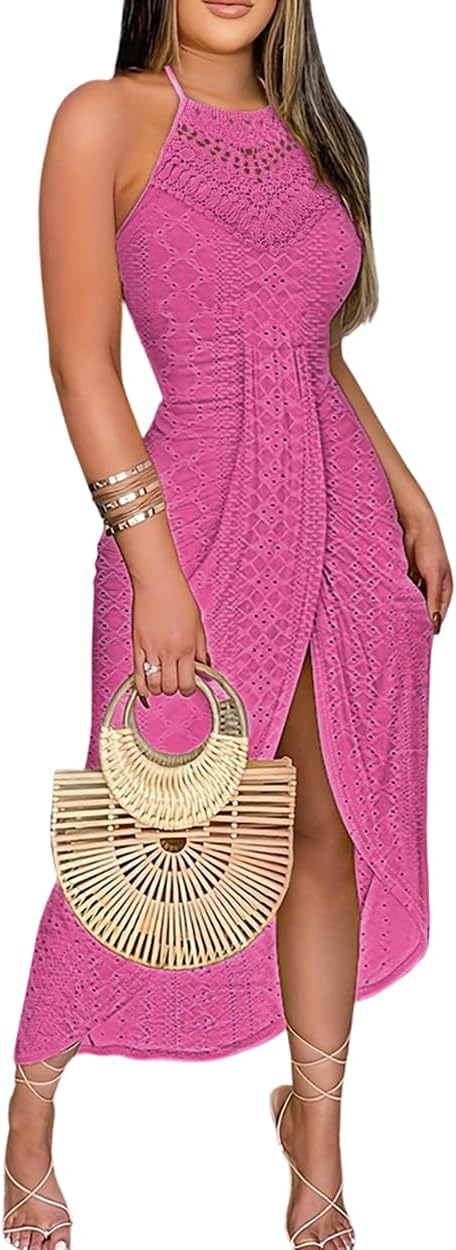 Womens Holiday Beach Dress Halter Hollow-Out A Line Dress