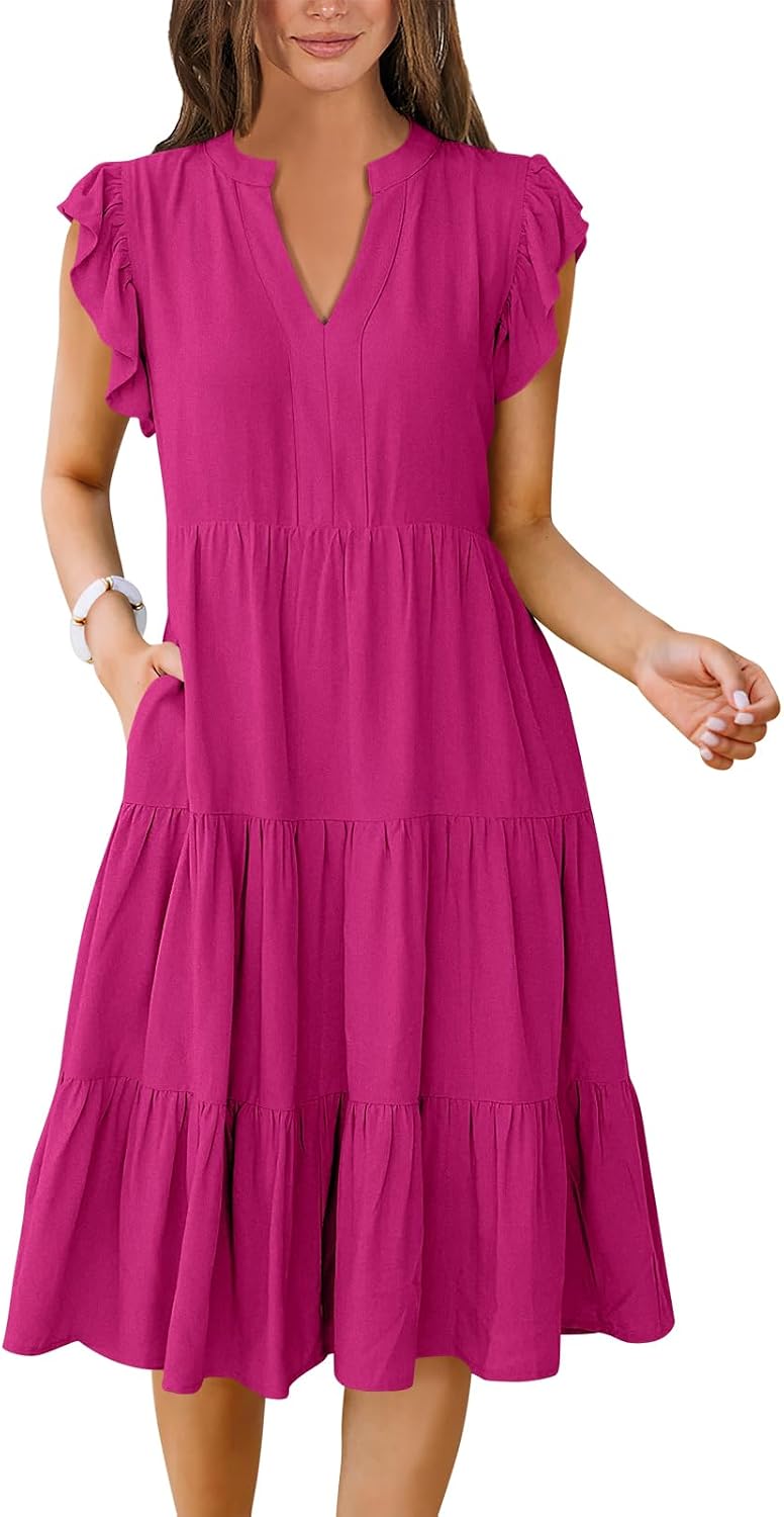 Womens Summer Dress Ruffle Sleeve V Neck