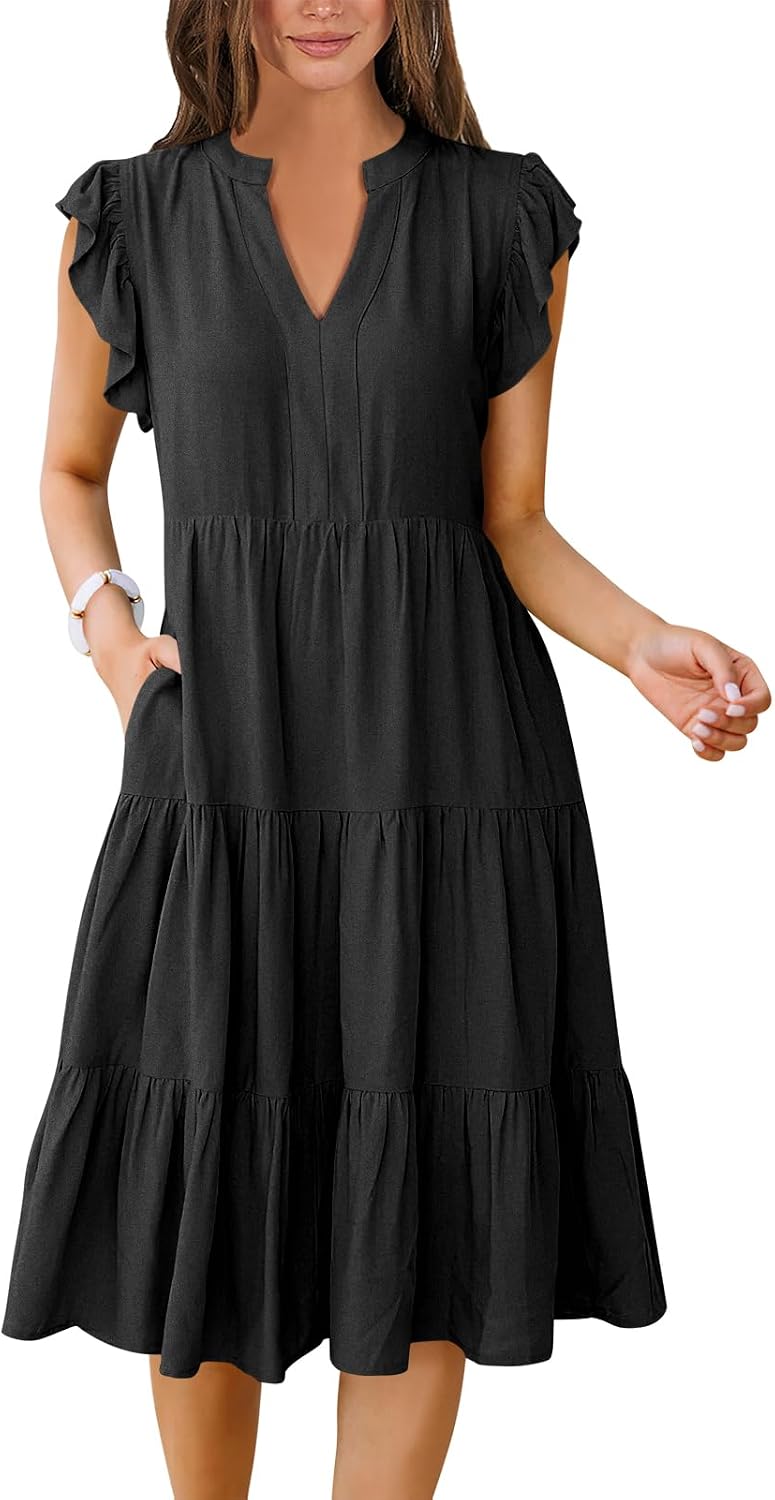 Womens Summer Dress Ruffle Sleeve V Neck