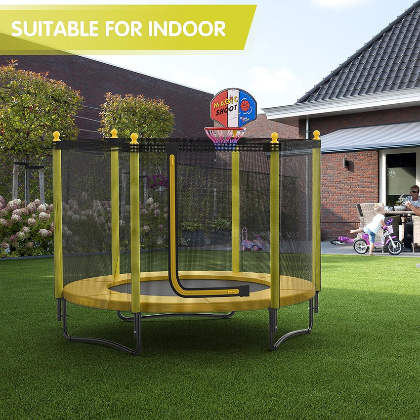 60 Kids Trampoline with Safety Enclosure Net. 5FT Toddler Indoor & Outdoor Trampoline/w Basketball Hoop - Parent-Child Interactive Game Fitness Trampoline Toy Gift for Boys and Girls Age 1-8