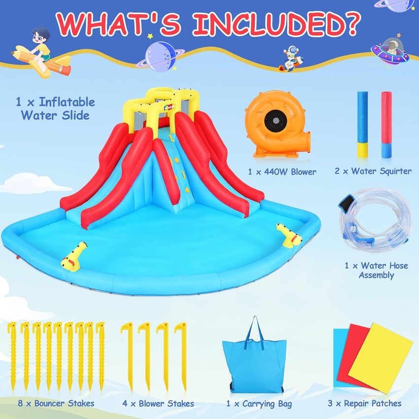 Inflatable Water Slides for Kids 8-in-1 Bounce House Water Park with 450W Blower Climbing Wall. Splash Pool. 2 Water Cannons. Basketball Hoop. Water Slide. Crocodile Sprinkler for Gift Backyard Party