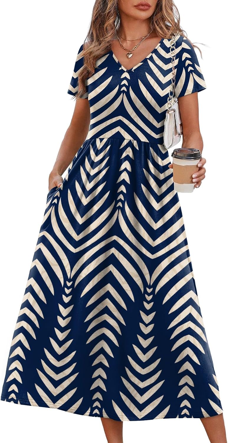 Summer Dresses for Women Flowy Short Sleeve V Neck