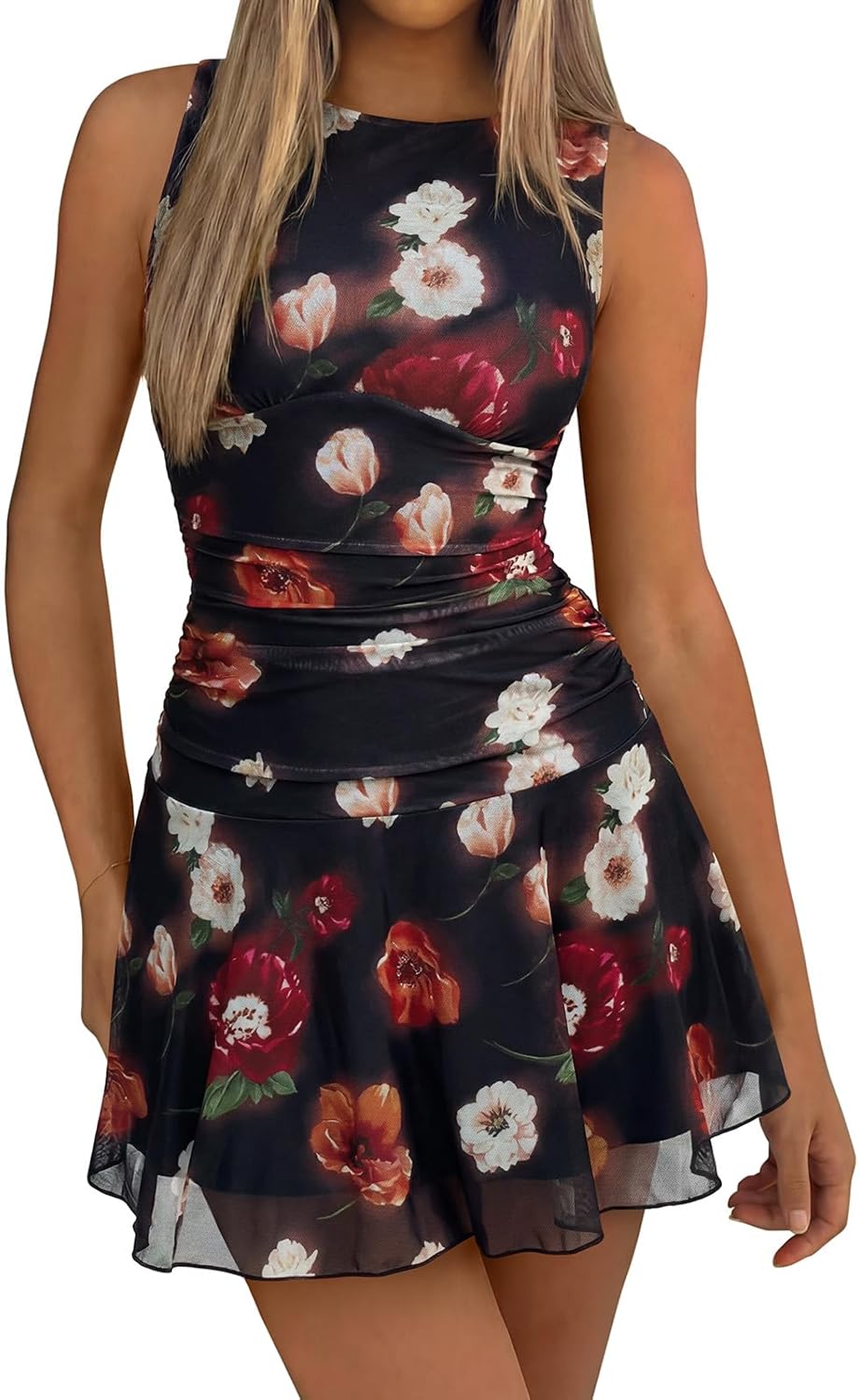Women's Boat Neck Mesh Ruched Mini Dress